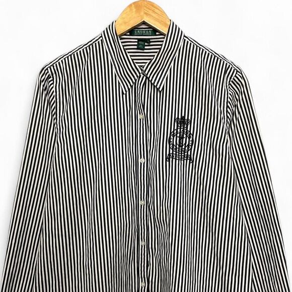 Vintage 90s Lauren Ralph Lauren Embroidered Crest Logo B&W Long Sleeve Shirt - Picture 1 of 8